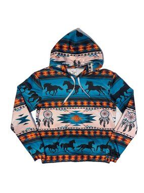 Southwestern Horses & Dreamcatchers Aztec Pullover Hoodie - Medium Cowboy
